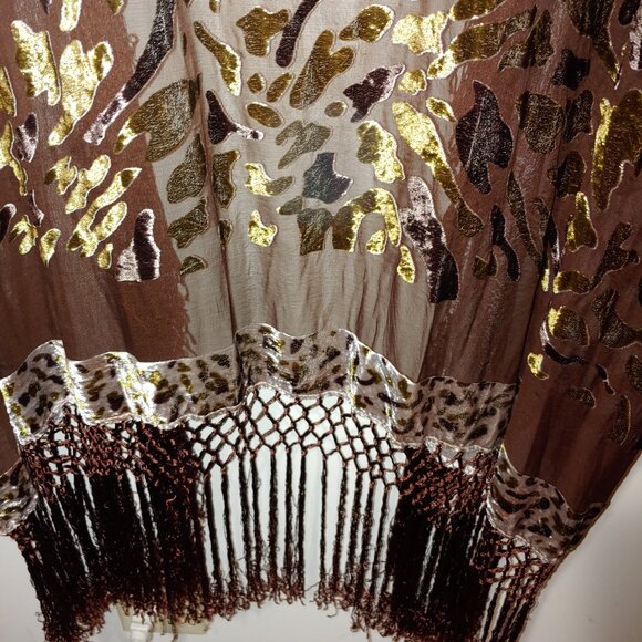 Simply Silk Fringe Burnout Velvet Maxi Kimono Cardigan Women Plus Size Brown - Picture 8 of 9